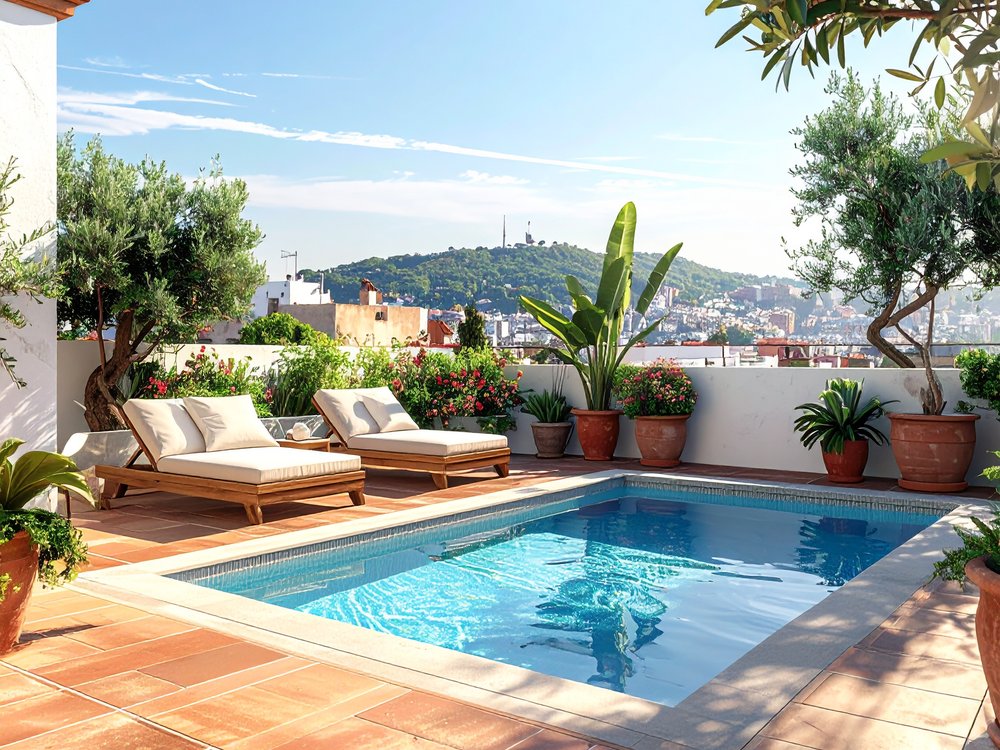 Rooftop pool terrace of a boutique hotel in Poble-sec. AI-generated image.