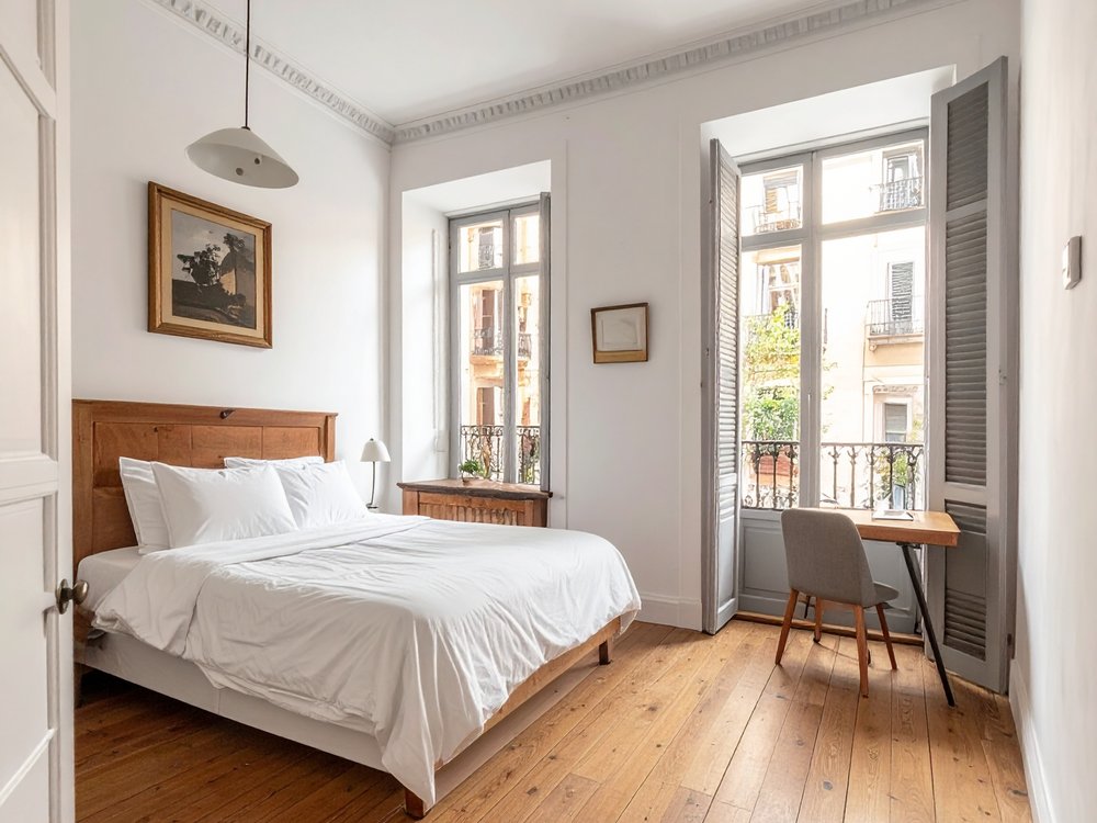 Bright double room with a small balcony in a Barcelona guesthouse. AI-generated image.