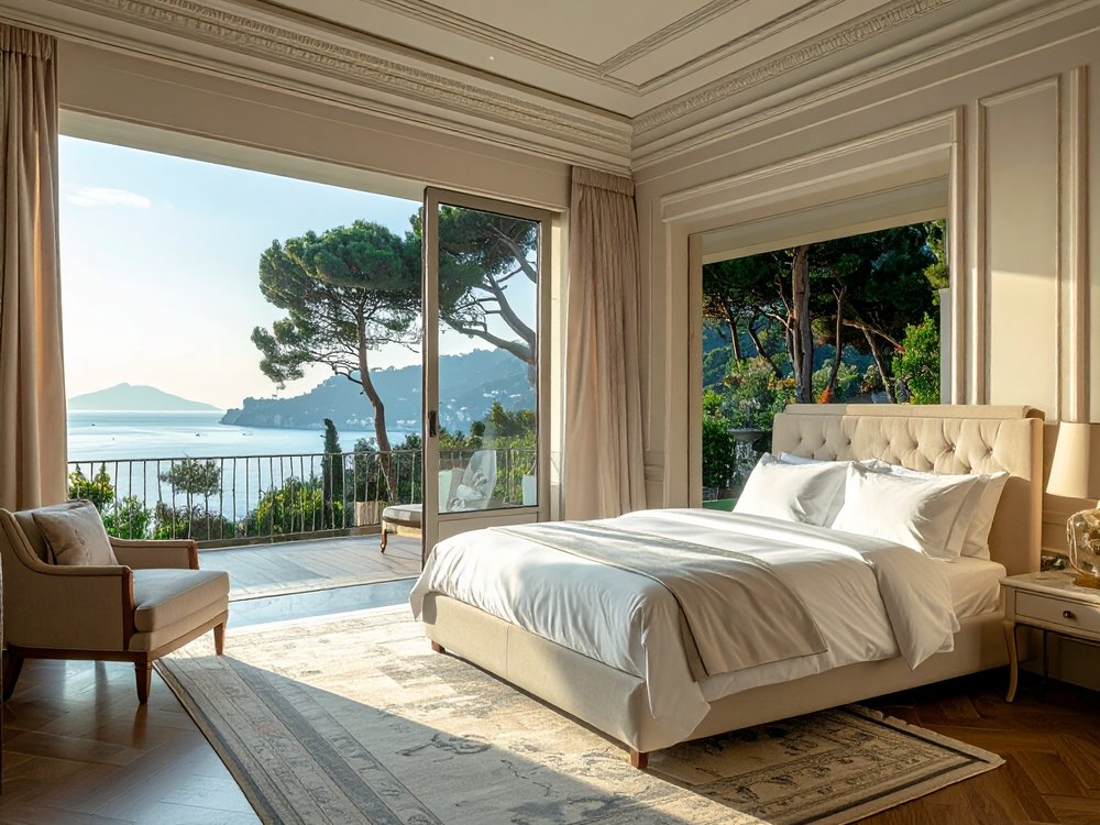 Elegant sea-view room in a palace hotel on Montjuïc. AI-generated image.