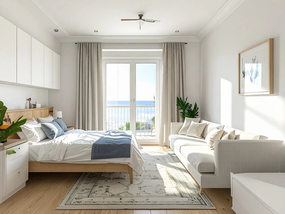 A bright room at an aparthotel in Salou. AI-generated image.