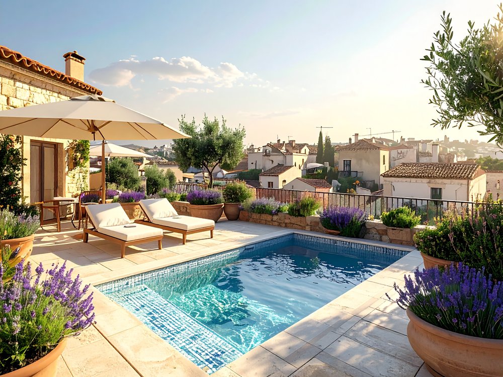 A rooftop terrace with sunbeds and a pool at a boutique hotel in Palma. AI-generated image.