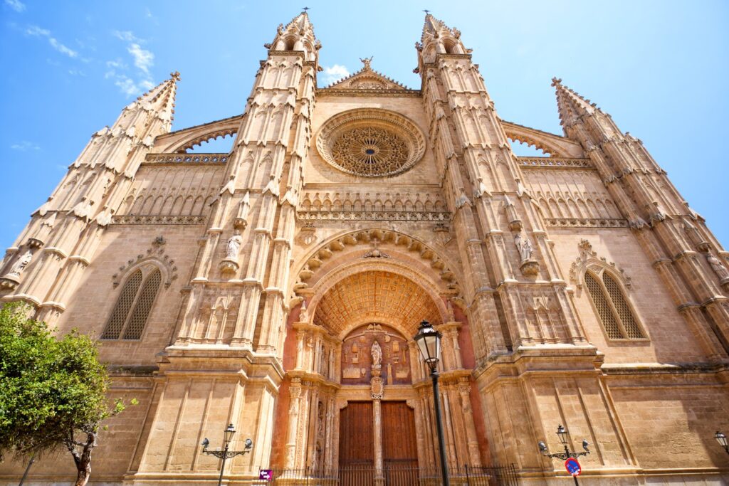 The neo-Gothic west front of Palma Cathedral was rebuilt after an earthquake in 1851.