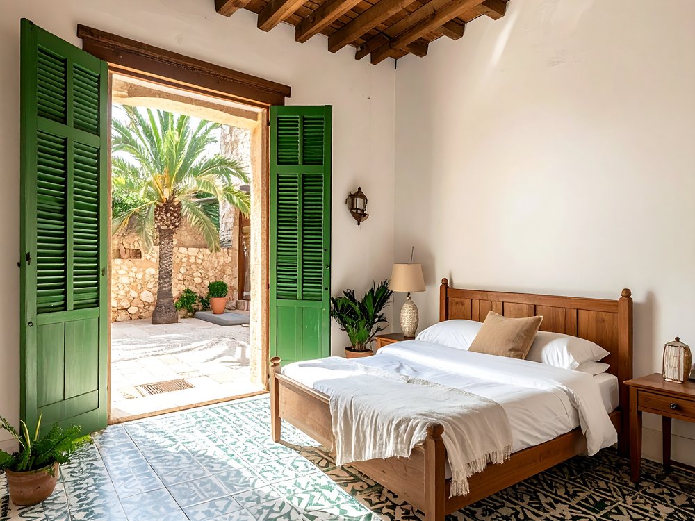 A bright room with green shutters in an old palace hotel in Palma. AI-generated image.