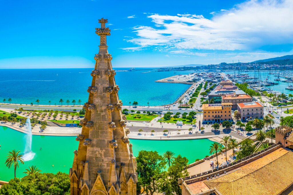 From the cathedral terraces you look down on Parc de la Mar and the marina of Palma.