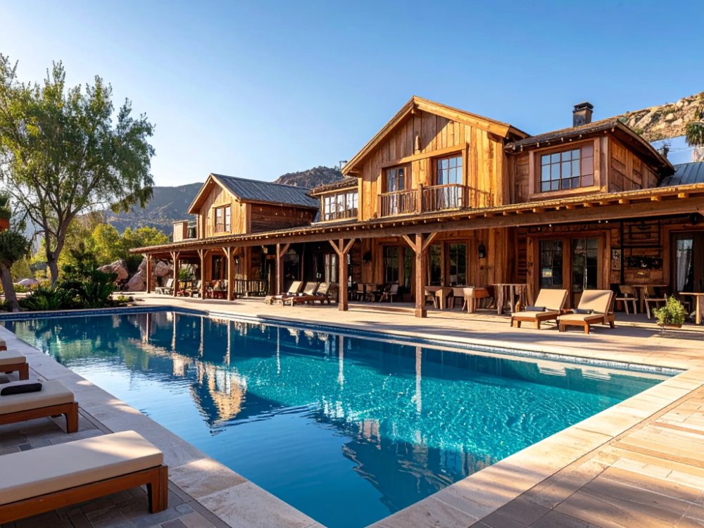 A Wild West-themed hotel pool at PortAventura World. AI-generated image.