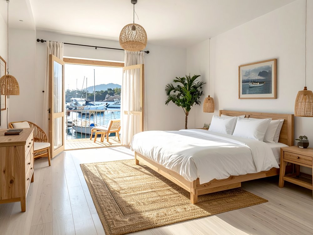 A bright double room with a balcony over a quiet harbour in Porto Cristo. AI-generated image.
