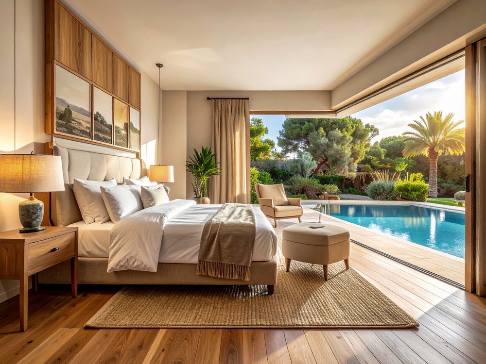 An elegant junior suite with a pool terrace in Sa Coma. AI-generated image.