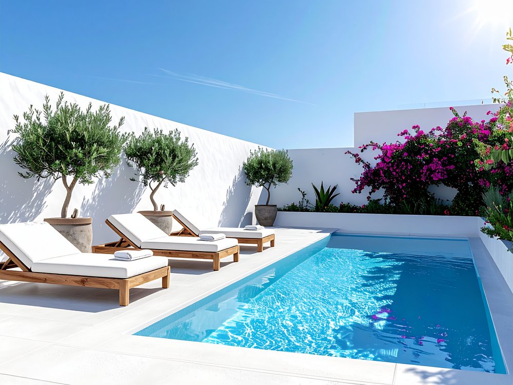 A small rooftop pool with sun loungers in the old town. AI-generated image.