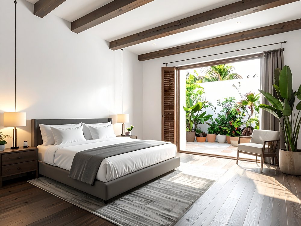 An elegant room opening onto a leafy patio in a restored townhouse. AI-generated image.