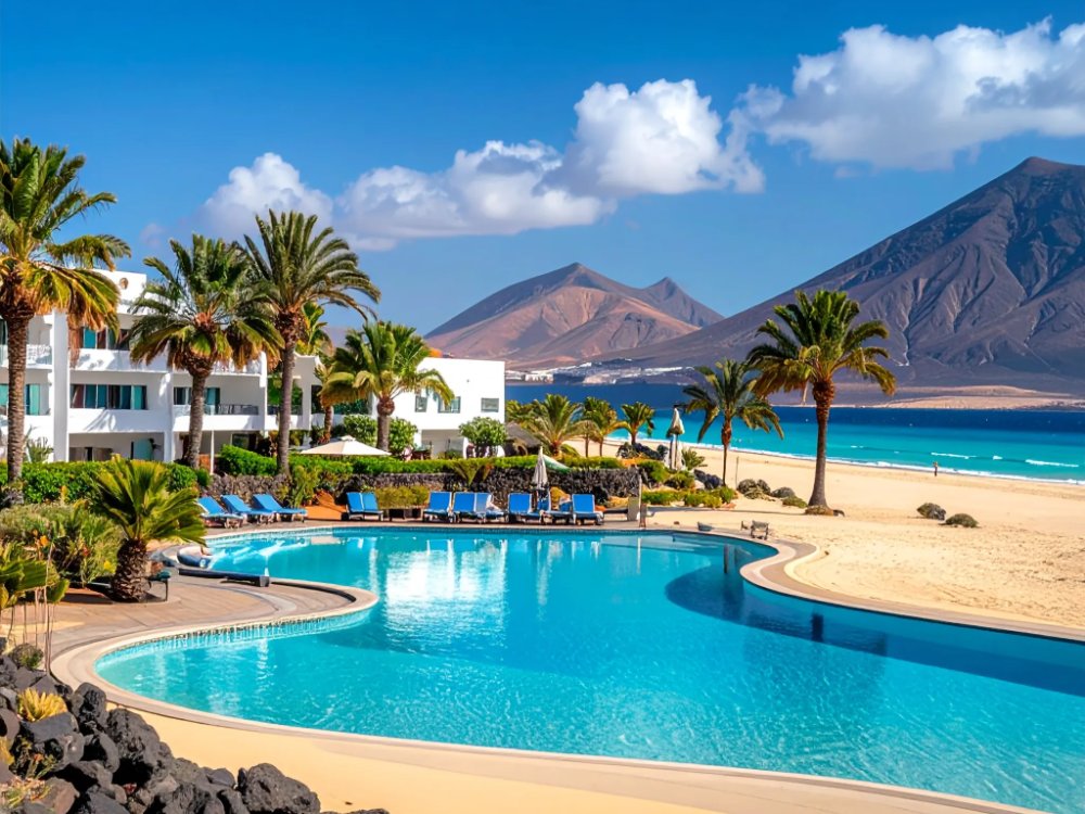 Pools by the beach at a hotel in Costa Calma. AI-generated image.
