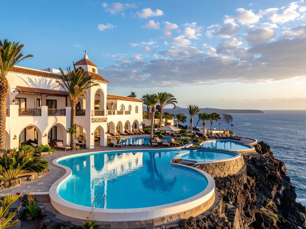 Clifftop pools at a resort in Costa Calma. AI-generated image.