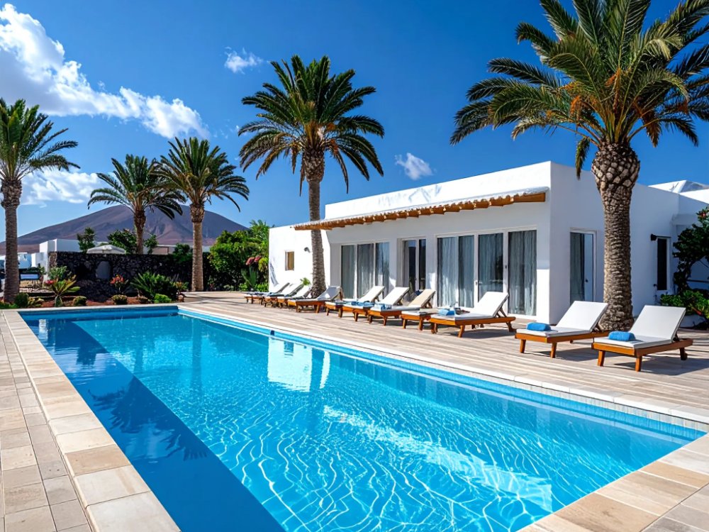 A pool and sun deck at a simple hotel in Costa Calma. AI-generated image.