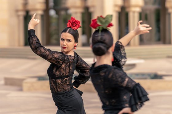 A flamenco dancer performing in a traditional dress