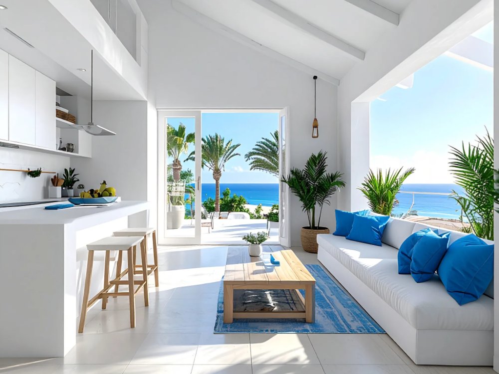 A seaside bungalow with a kitchenette in Caleta de Fuste. AI-generated image.