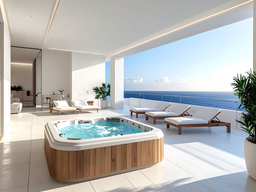 A terrace with a private hot tub at an adults-only hotel in Costa Teguise. AI-generated image.