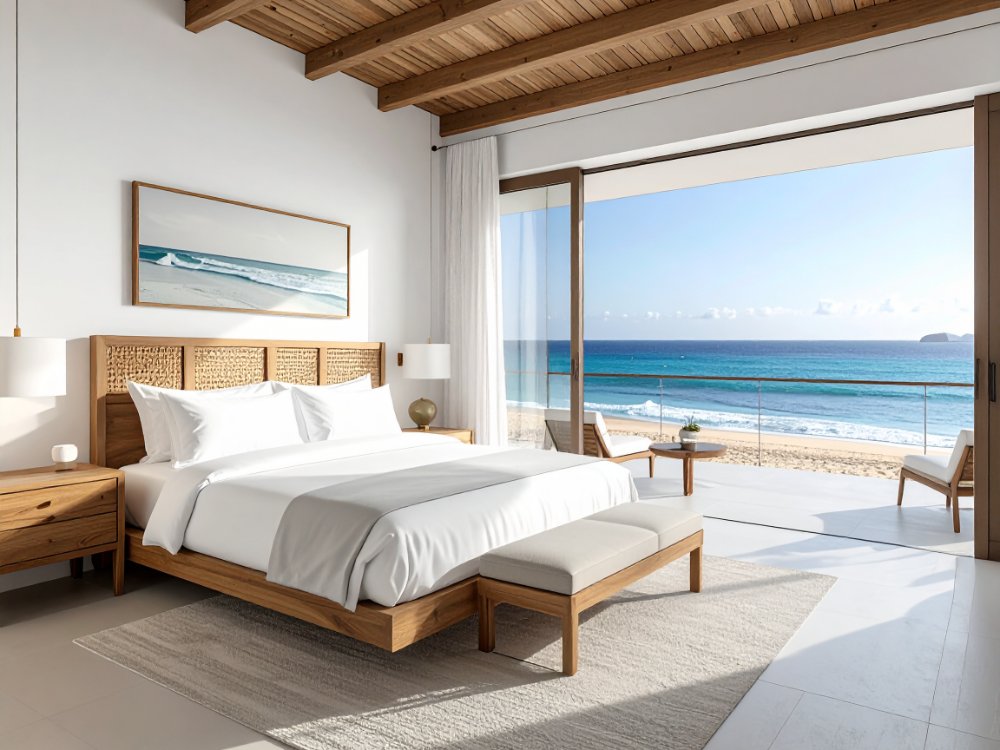 A sea-view room on Playa Grande in Puerto del Carmen. AI-generated image.