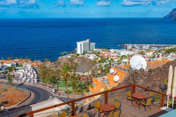 A view of Marina Los Gigantes restaurants in Los Gigantes, Tenerife