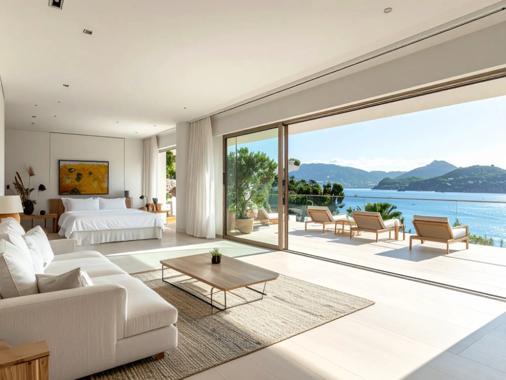 A spacious suite with a terrace over the bay at an adults-only hotel in Santa Ponsa. AI-generated image.