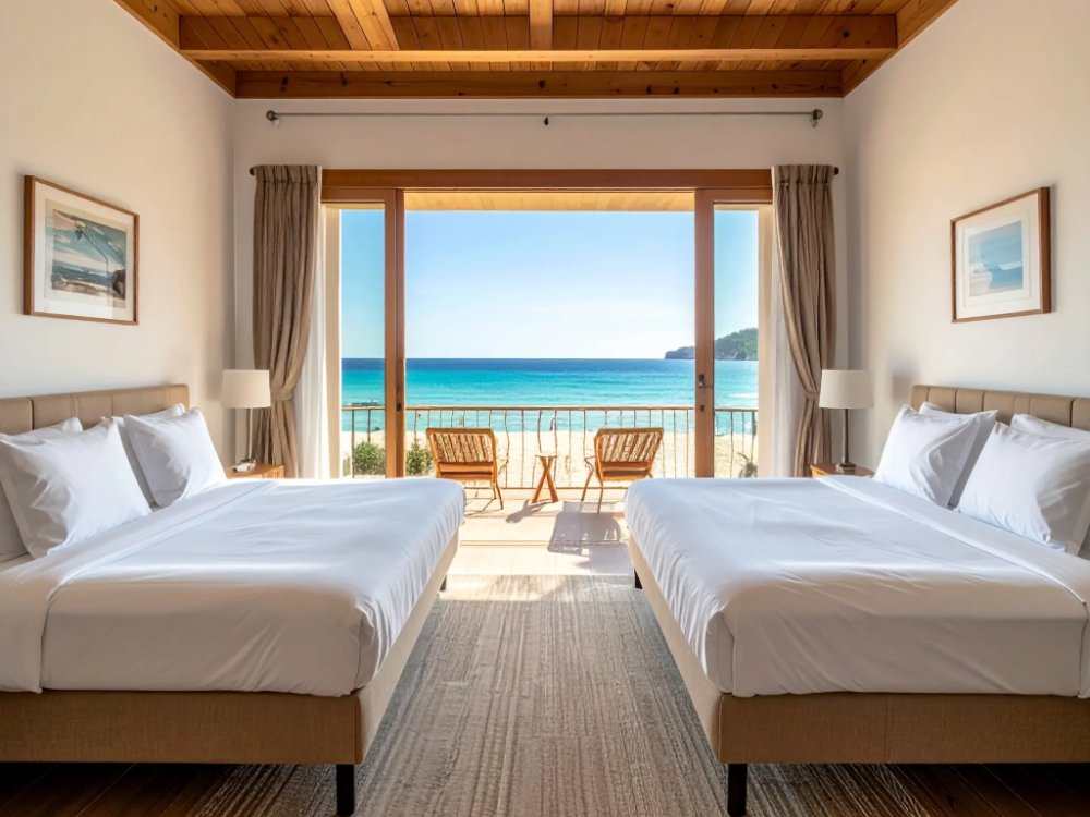 A sea-view room with a balcony at a beachfront hotel in Santa Ponsa. AI-generated image.
