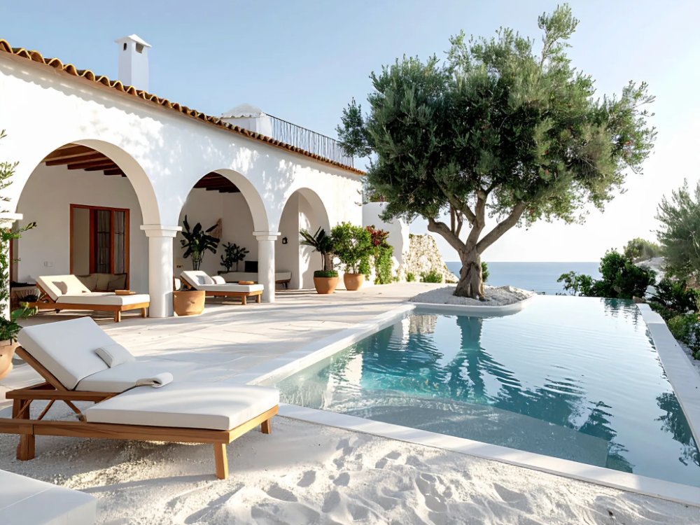 A whitewashed patio and a pool with a strip of sand at a boutique hotel in Santa Ponsa. AI-generated image.