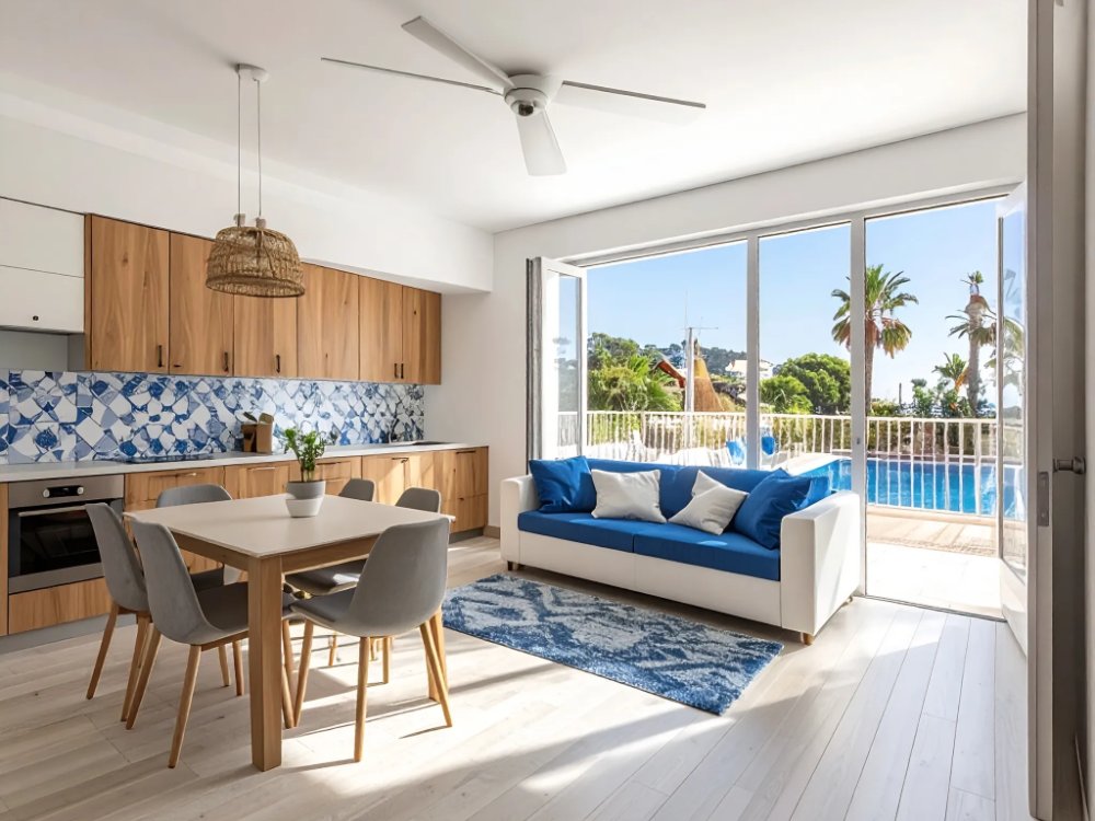 A holiday apartment with a kitchenette and balcony in Santa Ponsa. AI-generated image.