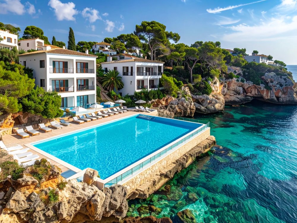 A pool above a rocky cove at a suite hotel on the edge of Santa Ponsa. AI-generated image.