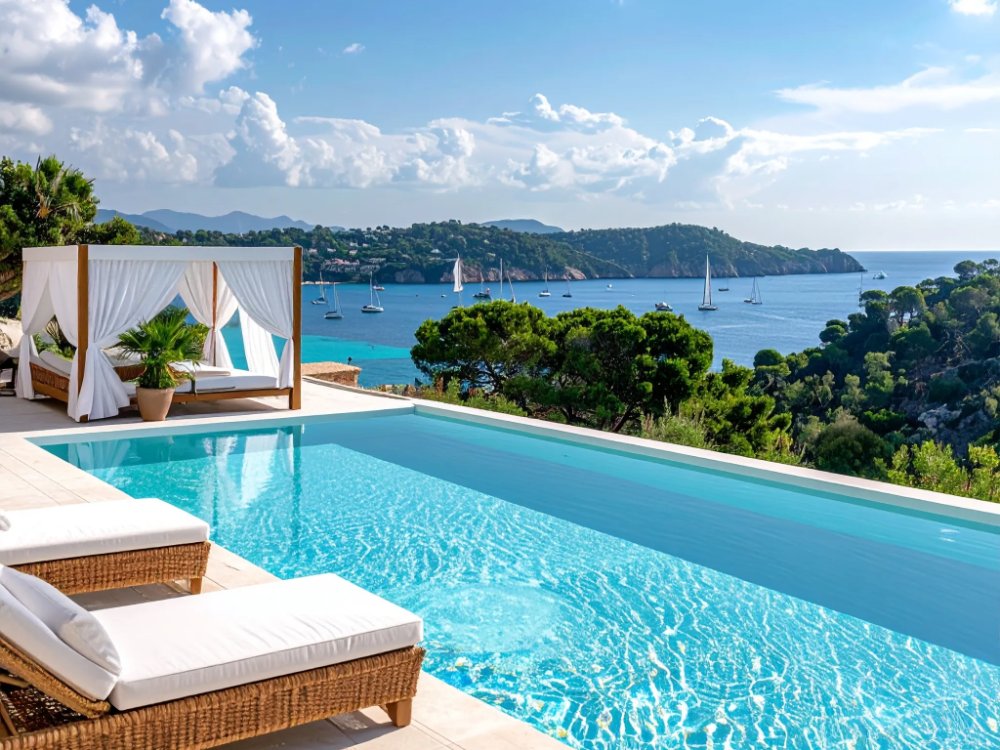 An adults-only rooftop terrace with a small infinity pool overlooking Santa Ponsa bay. AI-generated image.