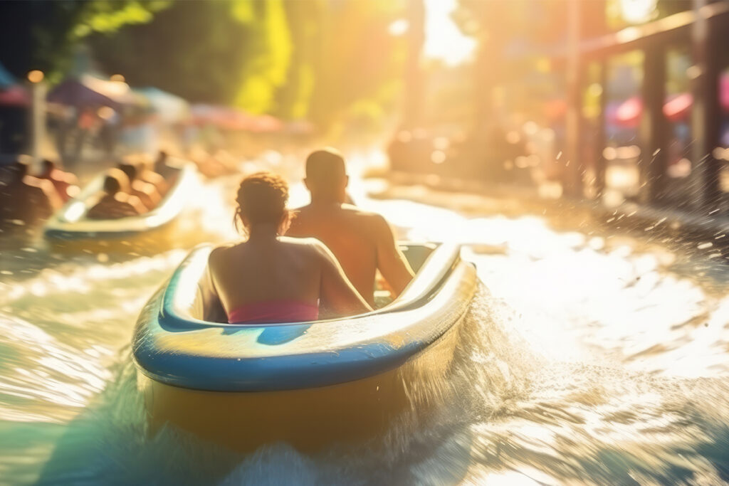A group of people enjoying a thrilling water park experience with slide