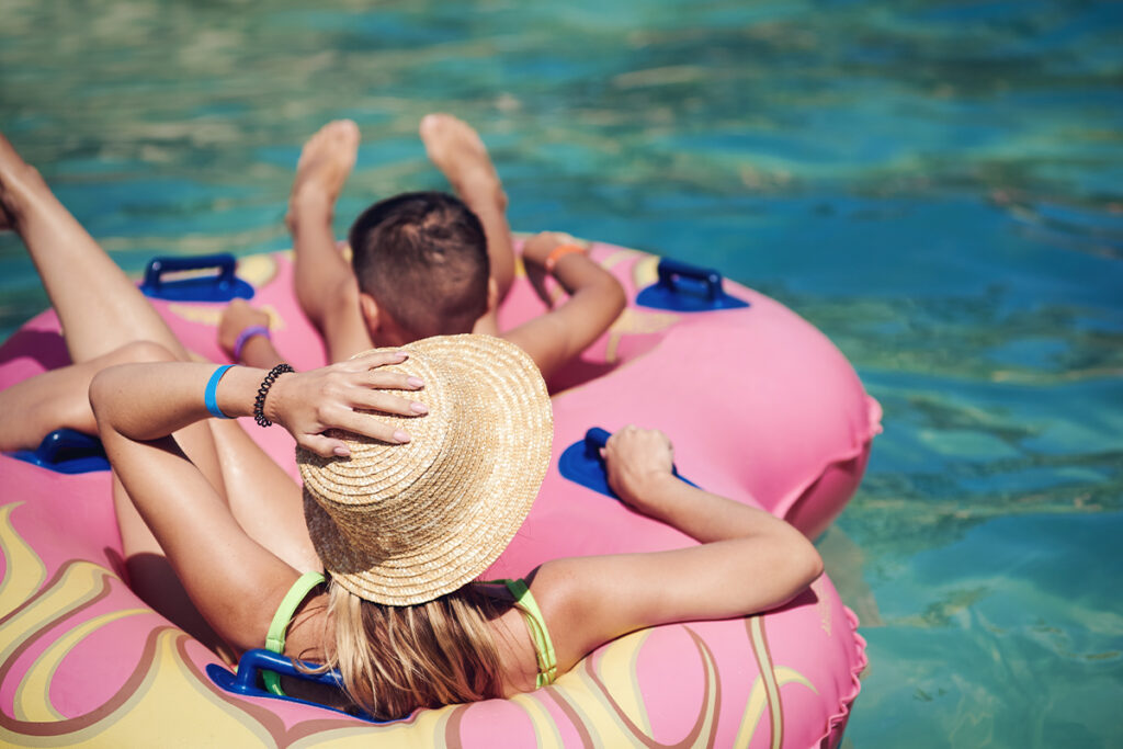 A family time in a water park with wave pools and lazy rivers