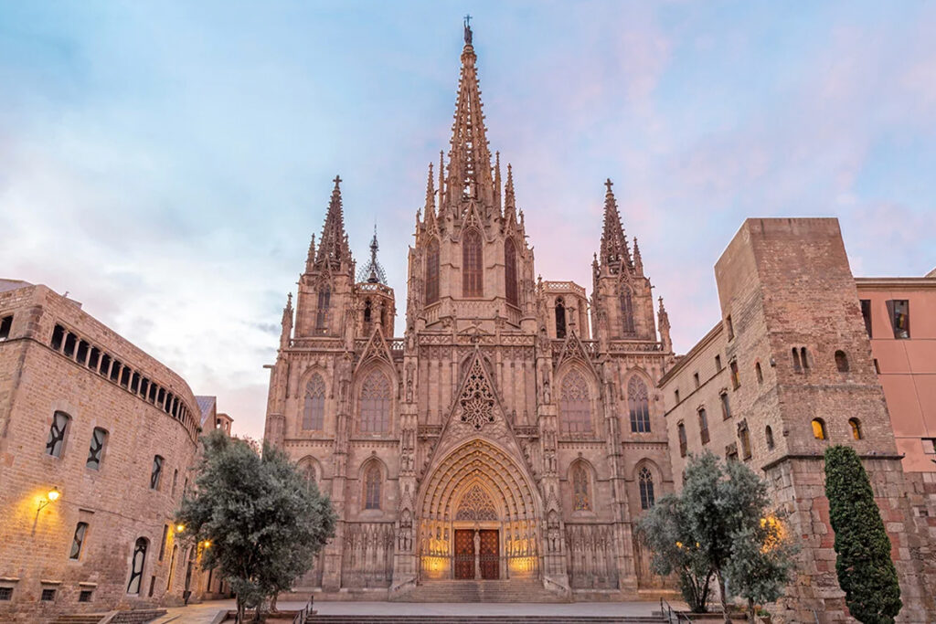 A view of Barcelona Cathedral in the Gothic Quarter of Barcelona, Spain