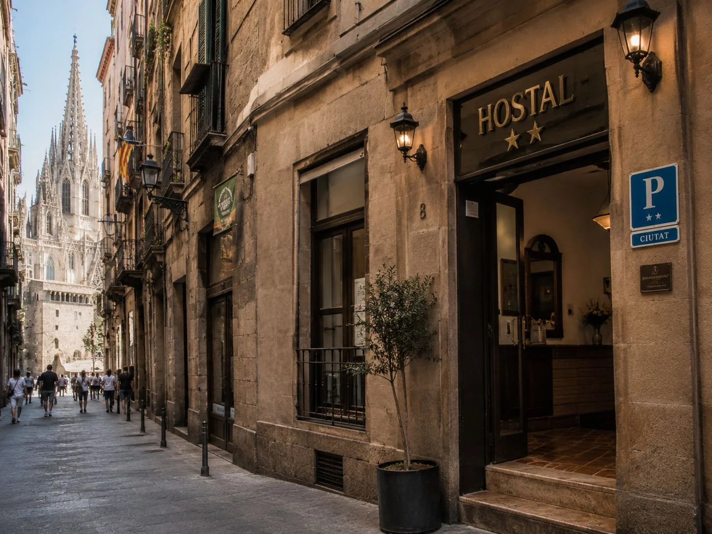 A small budget hostal on a quiet lane in the Gothic Quarter. AI-generated image.