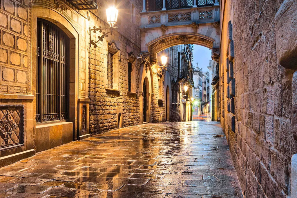 An image showcasing the street in the Gothic Quarter in BarcelonaAn image showcasing the street in the Gothic Quarter in Barcelona