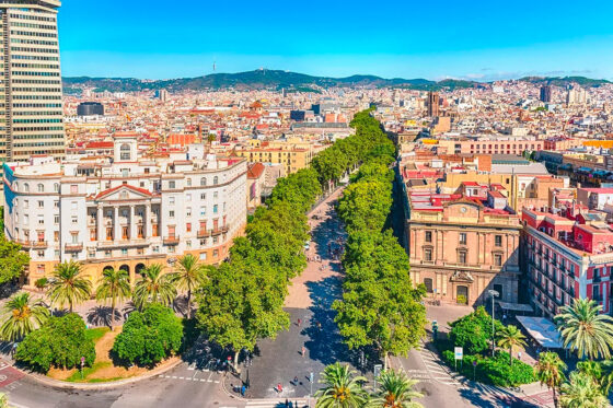 A view of Las Ramblas, a winding street in the centre of Barcelona, Spain