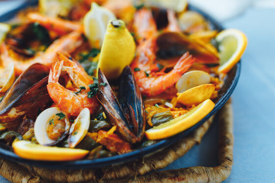 A plate of traditional Seafood paella from Villajoyosa, Costa Blanca, Spain