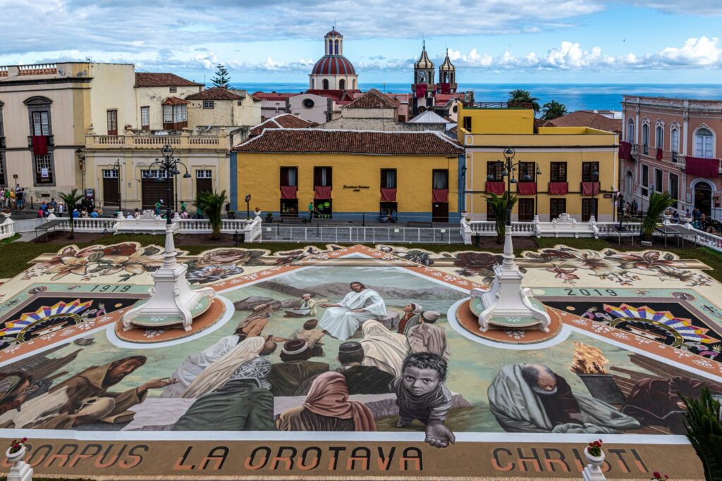 The volcanic sand carpet for Corpus Christi in front of the town hall of La Orotava
