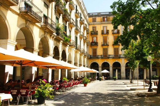 A view of Plaça de la Independència in Girona, Spain