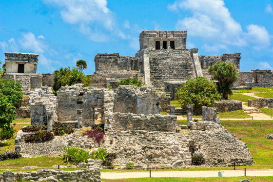 View of the Tulum Ruins with the Caribbean Sea in the background