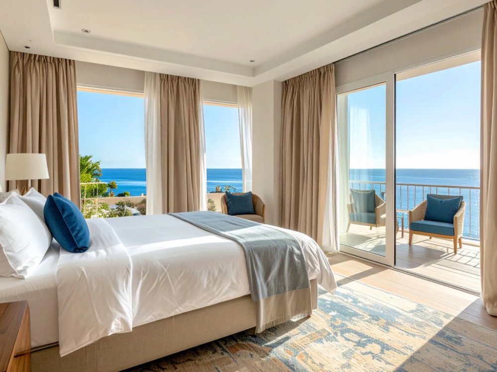 A sea-view room at a small five-star boutique hotel in Benalmádena Costa. AI-generated image.