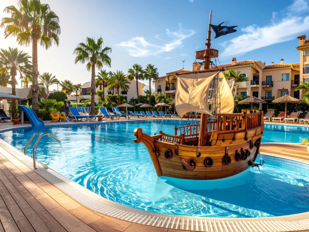 A pirate-themed splash pool at a beachfront family hotel in Benalmádena. AI-generated image.