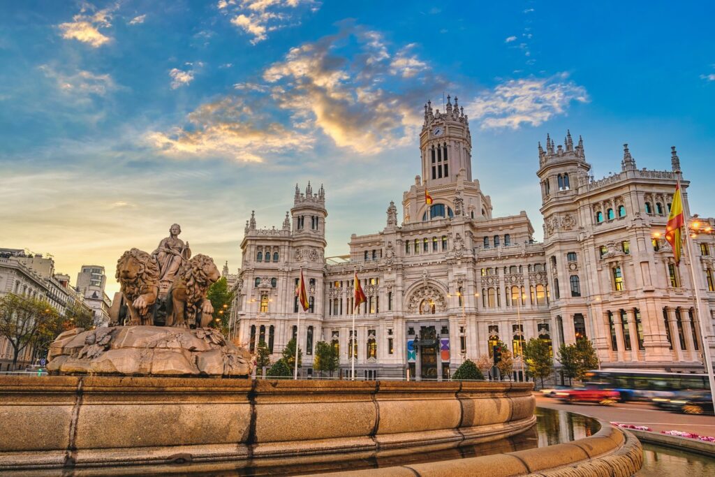 The Cibeles Fountain stands in front of the Palacio de Cibeles, now Madrid's City Hall.