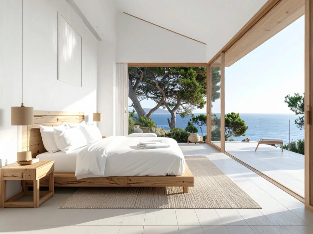 A minimalist Mediterranean room among the pines on Formentera. AI-generated image.
