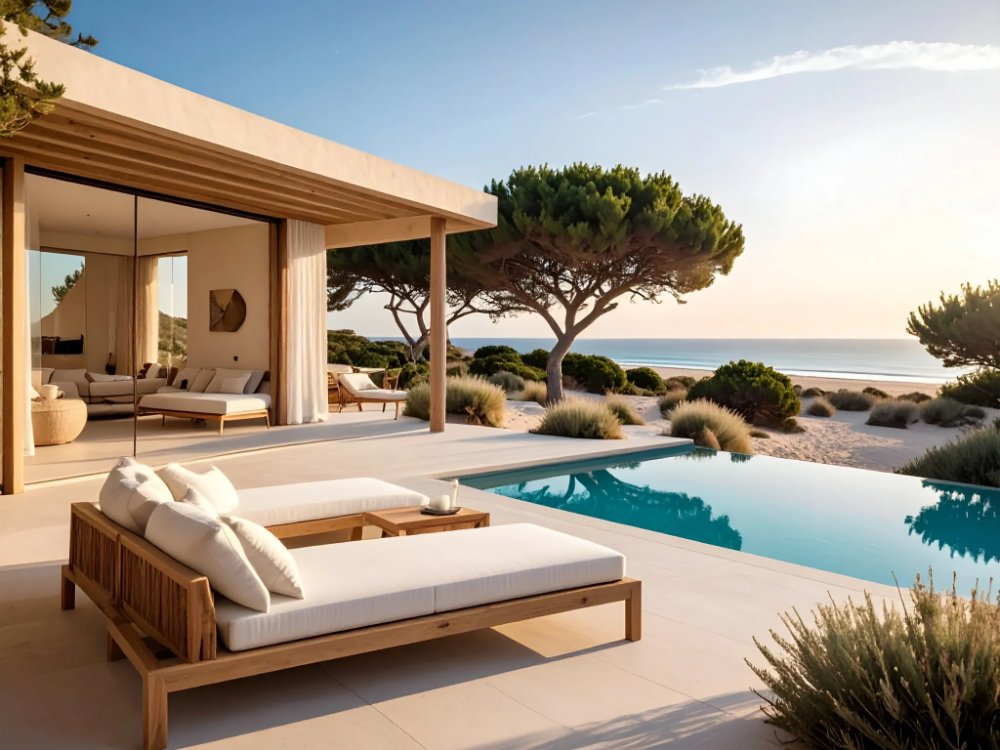 An eco-resort terrace among the dunes on Formentera. AI-generated image.