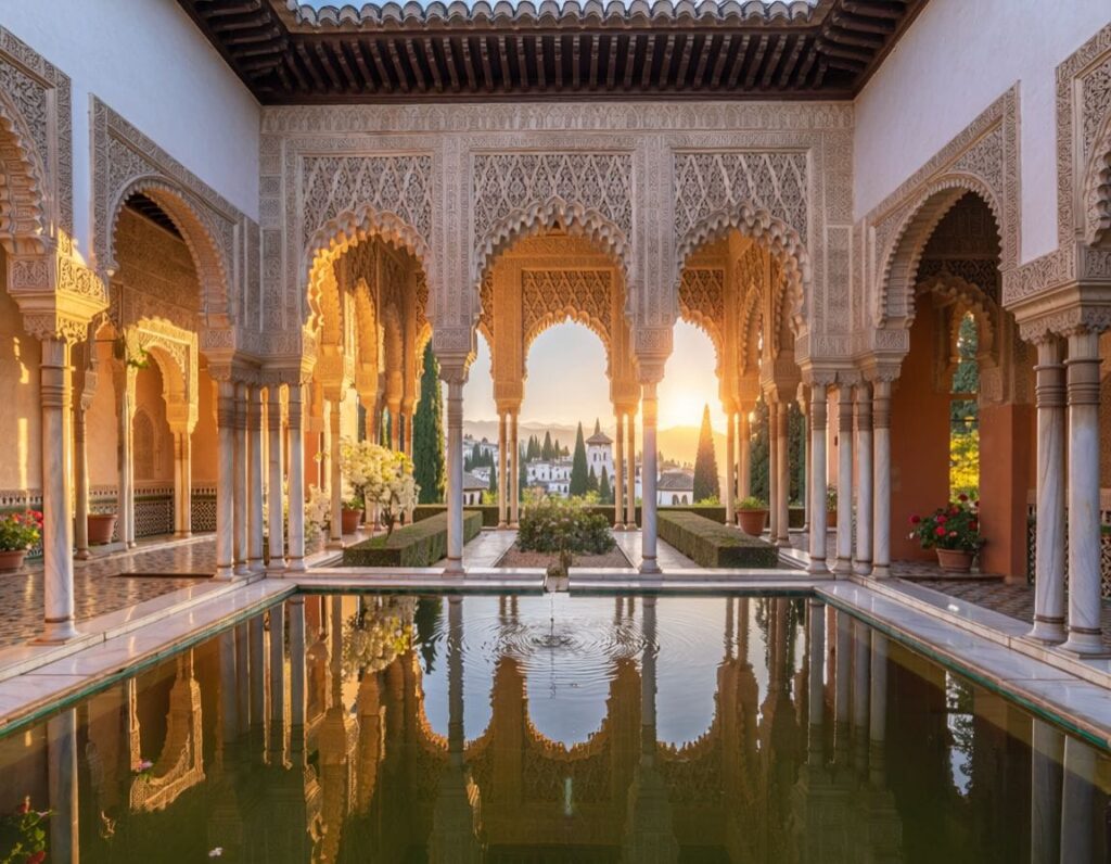 A historic parador hotel set inside the Alhambra grounds. AI-generated image.