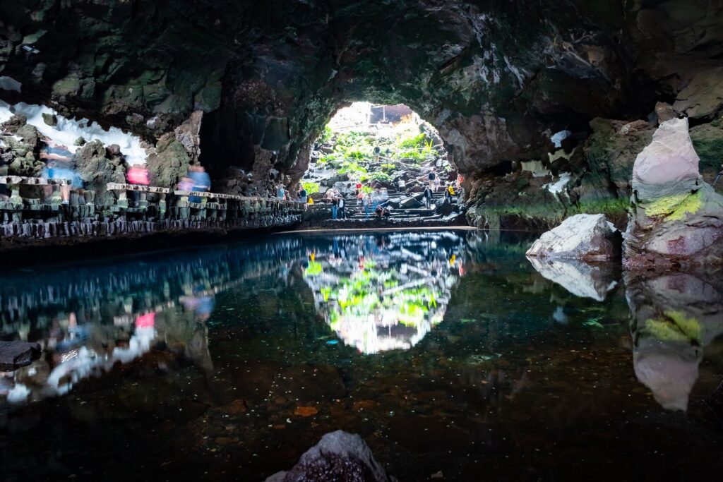 The underground lagoon of the Jameo Chico reflects the opening of the cave