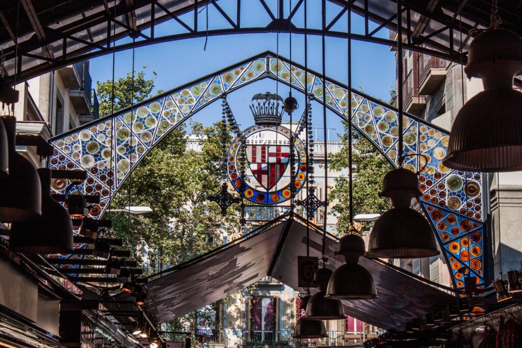 The colourful entrance to La Boqueria market, a few steps from the Liceu on La Rambla
