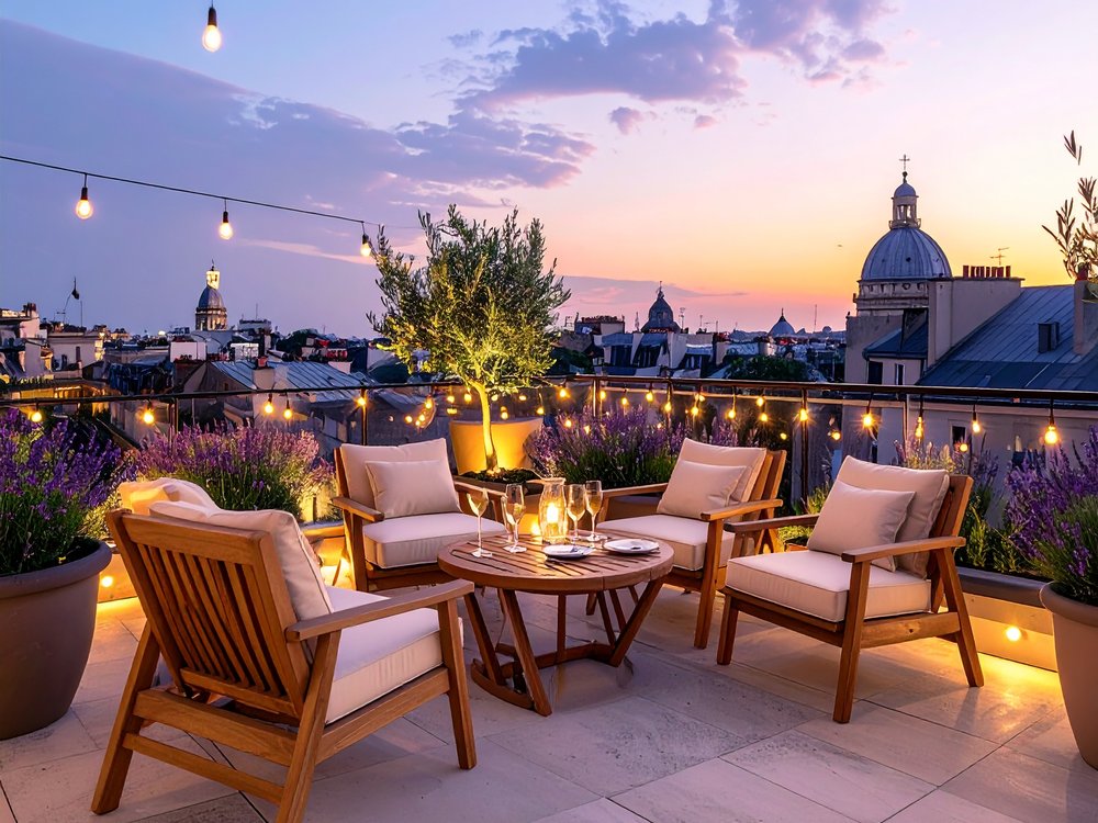 Rooftop terrace of a city hotel in Madrid at sunset. AI-generated image.