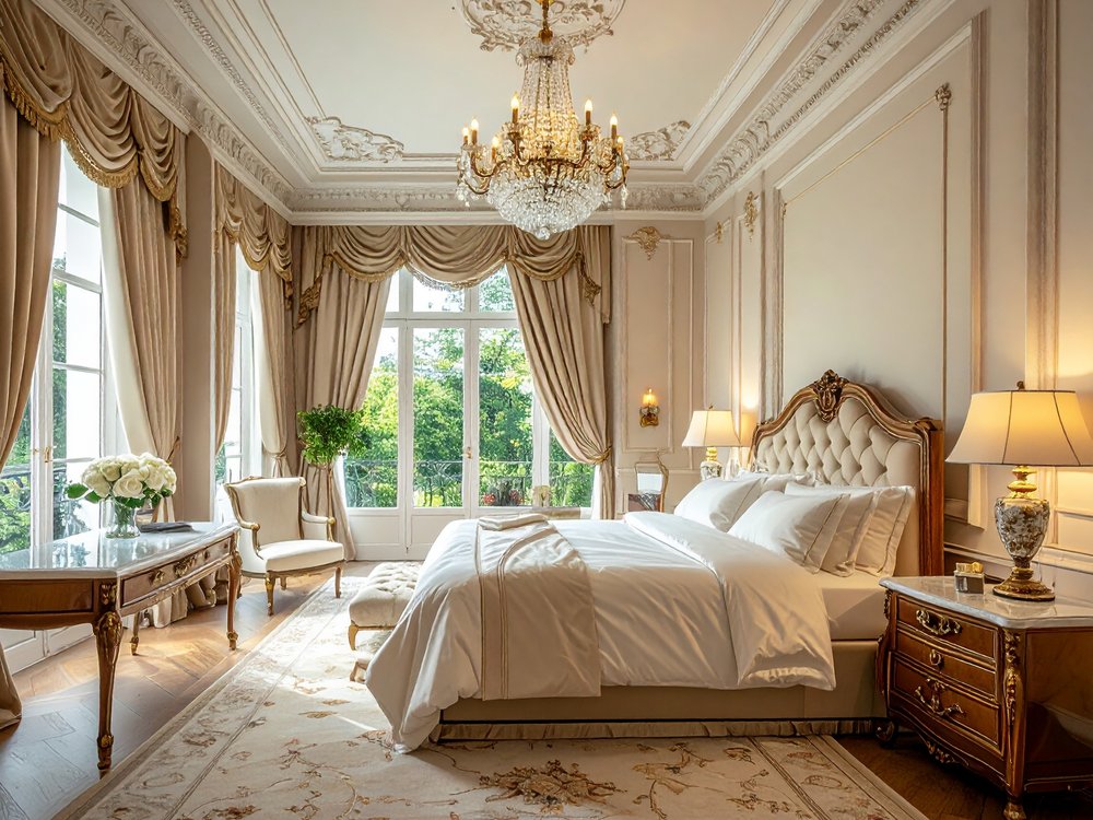 Elegant suite in a Belle Époque palace hotel in Madrid. AI-generated image.