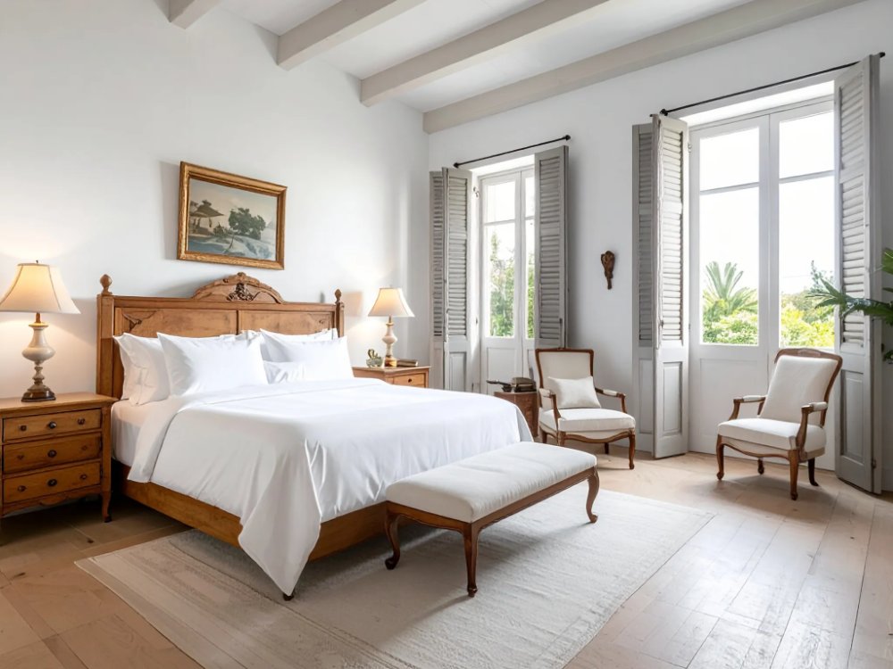 A colonial-style room in a historic townhouse in Mahón. AI-generated image.