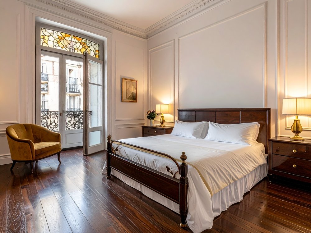 Elegant room with stained glass in a Modernista luxury hotel. AI-generated image.