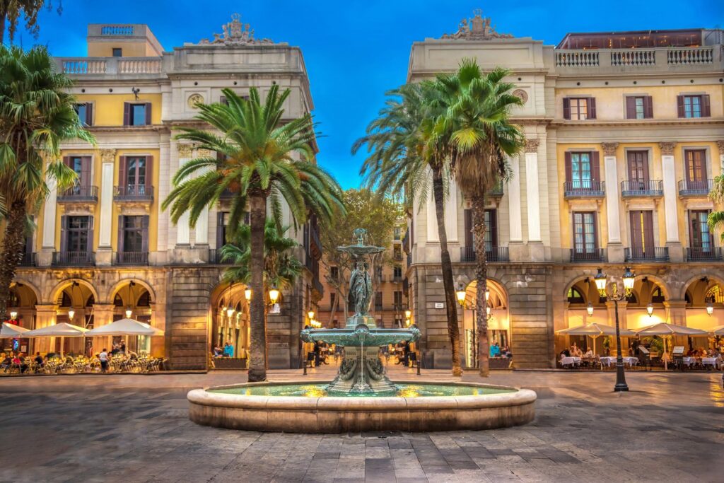 Plaça Reial, with its palm trees and fountain, is a three-minute walk from the opera house